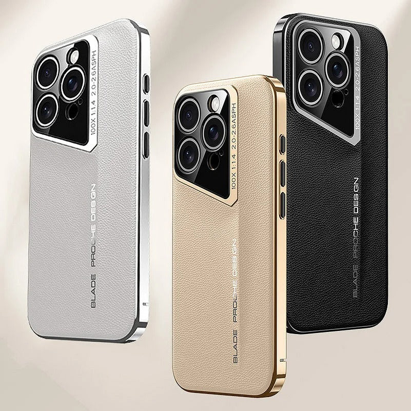 Luxury iPhone Case Electroplated Genuine Leather Shockproof Protective Cover Hard Back Slim Design Camera Lens Protection Anti Slip Grip
