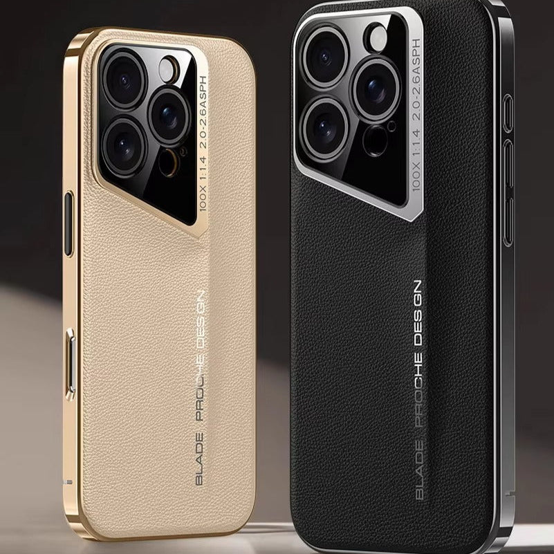 Luxury iPhone Case Electroplated Genuine Leather Shockproof Protective Cover Hard Back Slim Design Camera Lens Protection Anti Slip Grip