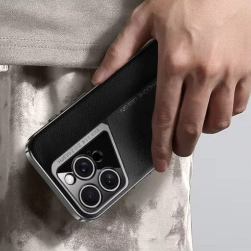 Luxury iPhone Case Electroplated Genuine Leather Shockproof Protective Cover Hard Back Slim Design Camera Lens Protection Anti Slip Grip