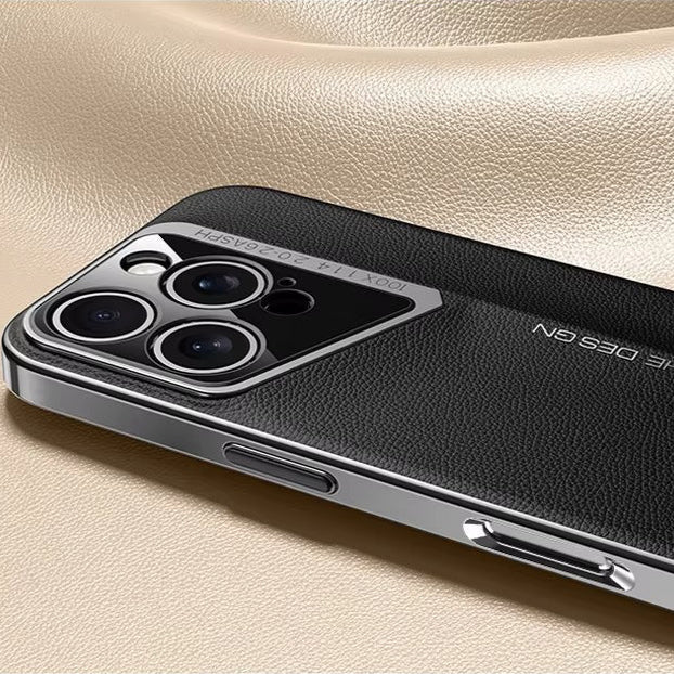 Luxury iPhone Case Electroplated Genuine Leather Shockproof Protective Cover Hard Back Slim Design Camera Lens Protection Anti Slip Grip
