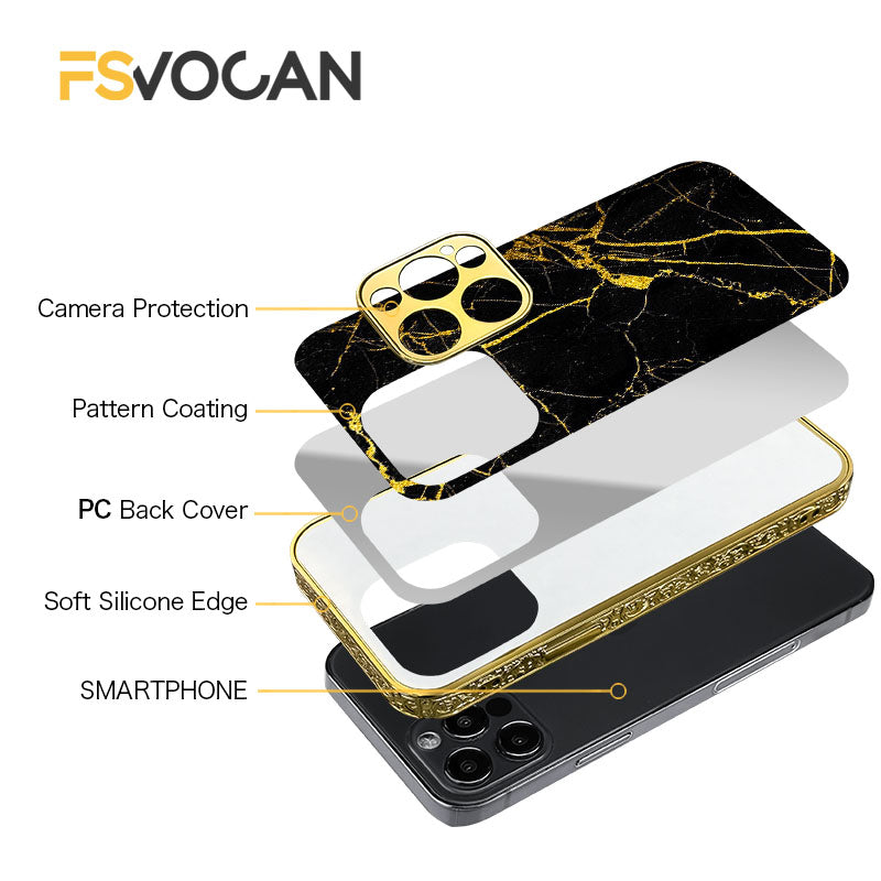 Luxury iPhone Case MagSafe Compatible Black Marble Texture Shockproof Protective Cover Gold Edge Design Camera Lens Protection 3D Grip Slim Profile