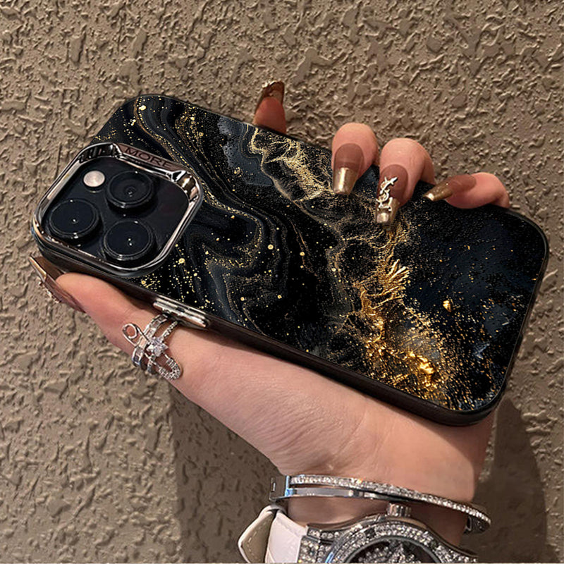 Luxury iPhone Case MagSafe Compatible Black Marble Texture Shockproof Protective Cover Gold Edge Design Camera Lens Protection 3D Grip Slim Profile