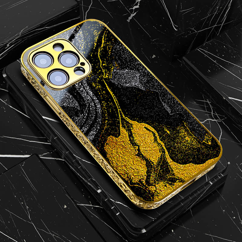 Luxury iPhone Case MagSafe Compatible Black Marble Texture Shockproof Protective Cover Gold Edge Design Camera Lens Protection 3D Grip Slim Profile
