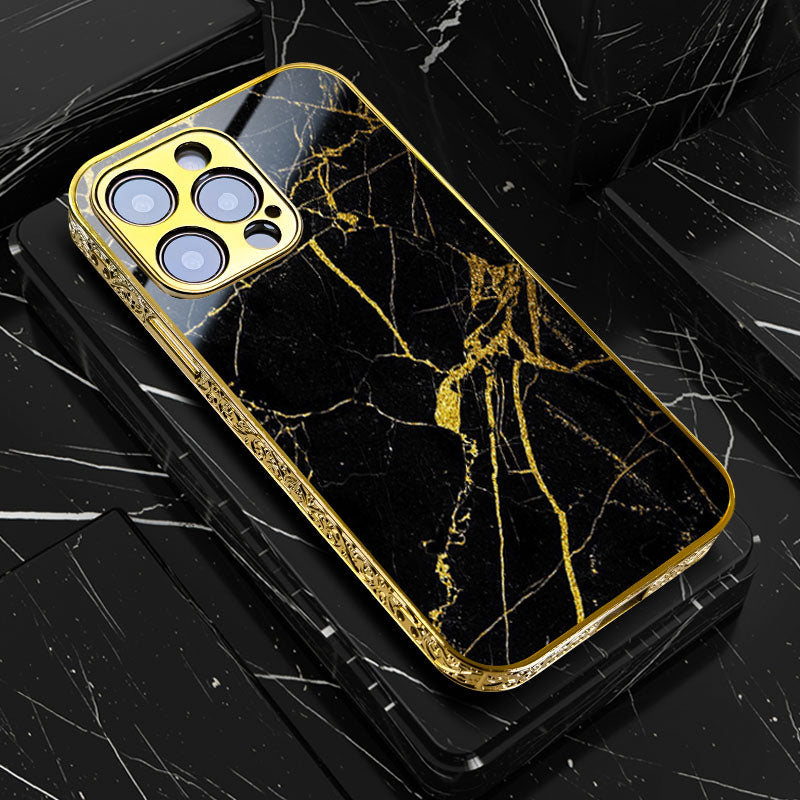 Luxury iPhone Case MagSafe Compatible Black Marble Texture Shockproof Protective Cover Gold Edge Design Camera Lens Protection 3D Grip Slim Profile