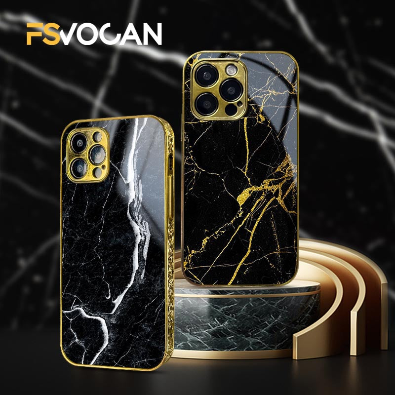 Luxury iPhone Case MagSafe Compatible Black Marble Texture Shockproof Protective Cover Gold Edge Design Camera Lens Protection 3D Grip Slim Profile