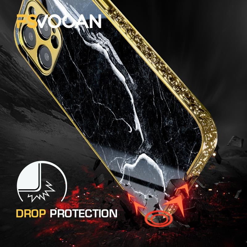 Luxury iPhone Case MagSafe Compatible Black Marble Texture Shockproof Protective Cover Gold Edge Design Camera Lens Protection 3D Grip Slim Profile