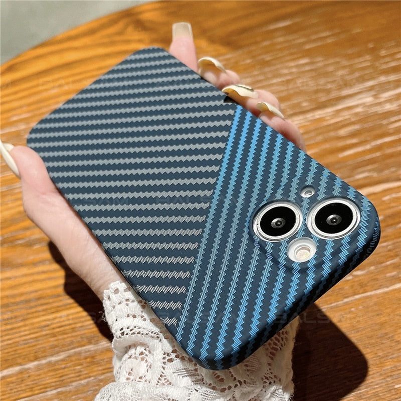 Luxury iPhone Case MagSafe Compatible Carbon Fiber Texture Matte Shockproof Protective Cover Hard PC Camera Lens Protection Slim Design
