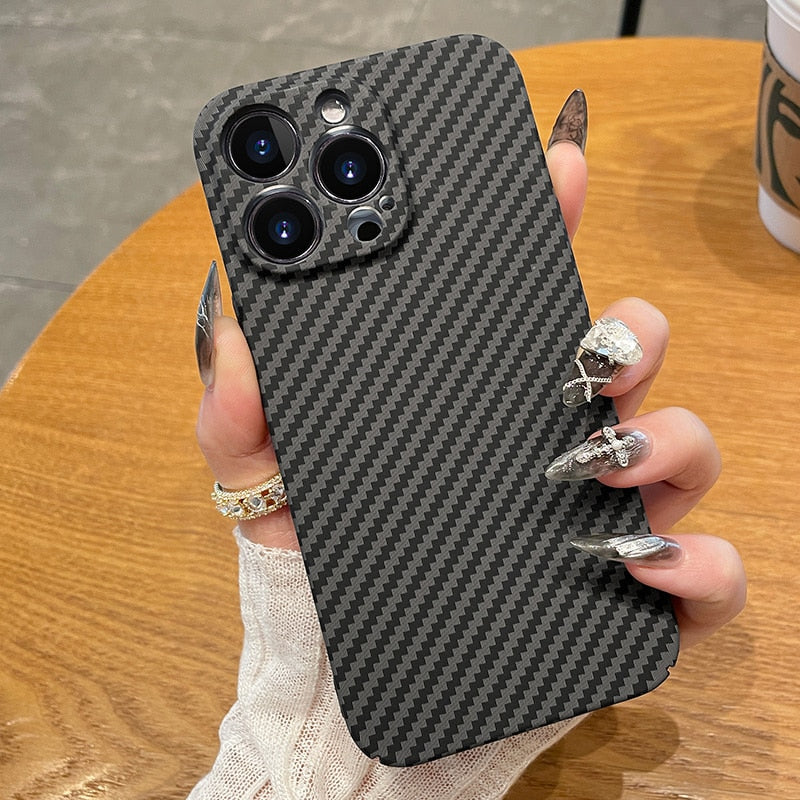 Luxury iPhone Case MagSafe Compatible Carbon Fiber Texture Matte Shockproof Protective Cover Hard PC Camera Lens Protection Slim Design