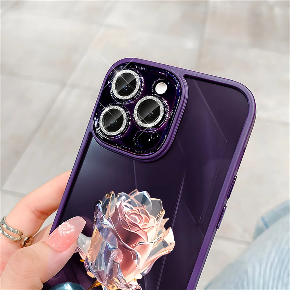 Luxury iPhone Case MagSafe Compatible Crystal Rose Diamond Shockproof Protective Cover Camera Lens Protection Glitter Design Slim Profile