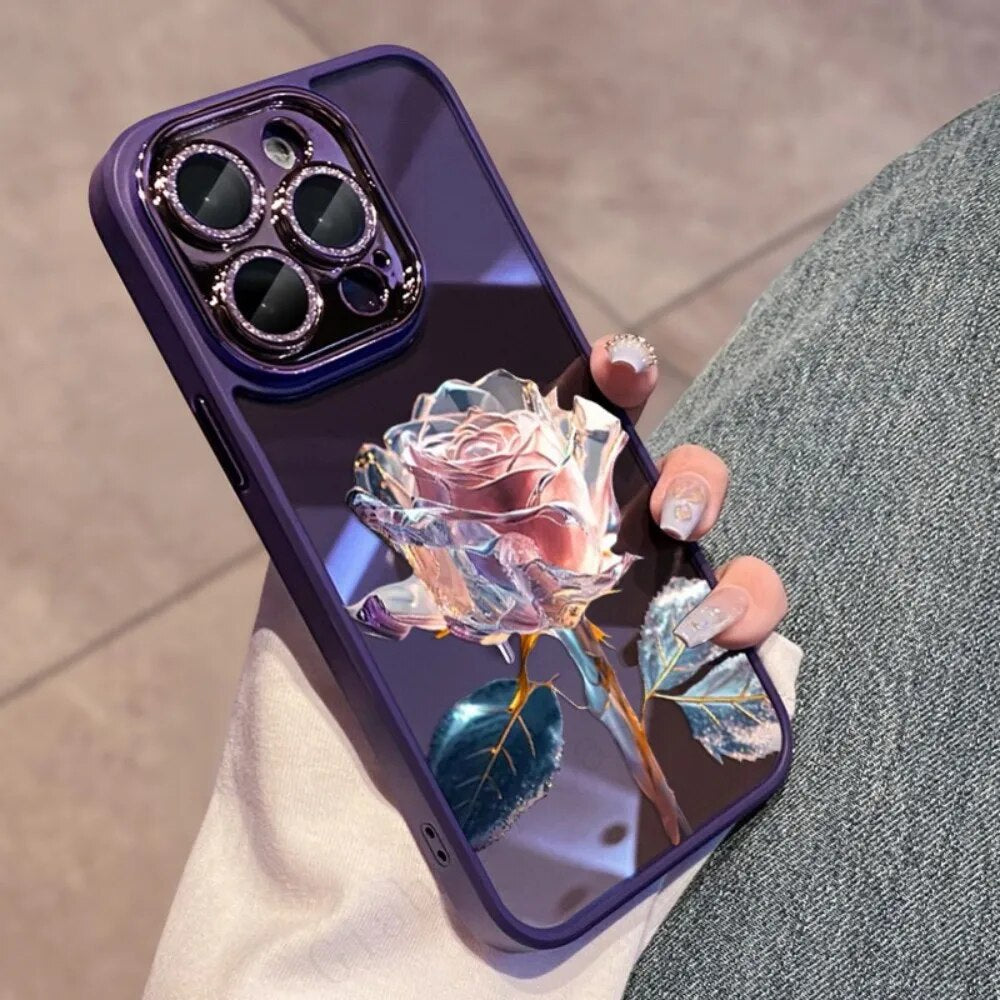 Luxury iPhone Case MagSafe Compatible Crystal Rose Diamond Shockproof Protective Cover Camera Lens Protection Glitter Design Slim Profile