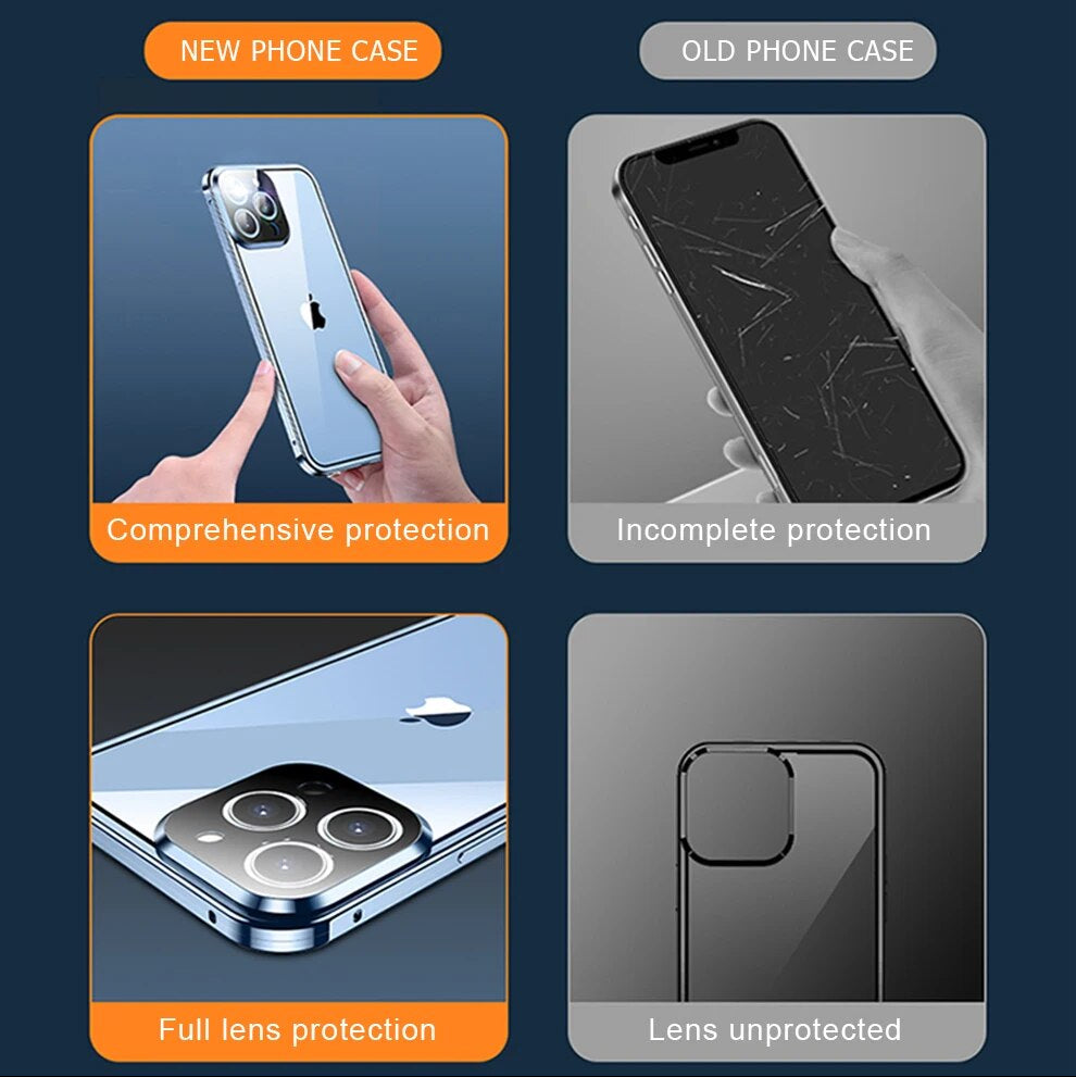 Luxury iPhone Case MagSafe Compatible Double-Sided Tempered Glass Metal Frame Shockproof Protective Cover 360 Full Body Magnetic Fit Camera Lens Protection Slim Design