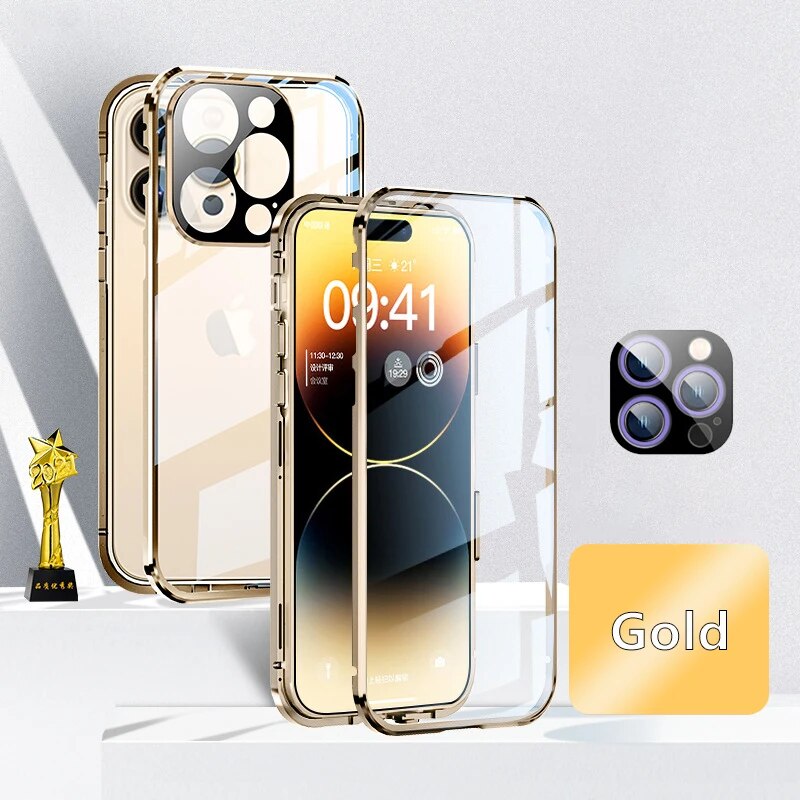 Luxury iPhone Case MagSafe Compatible Double-Sided Tempered Glass Metal Frame Shockproof Protective Cover 360 Full Body Magnetic Fit Camera Lens Protection Slim Design