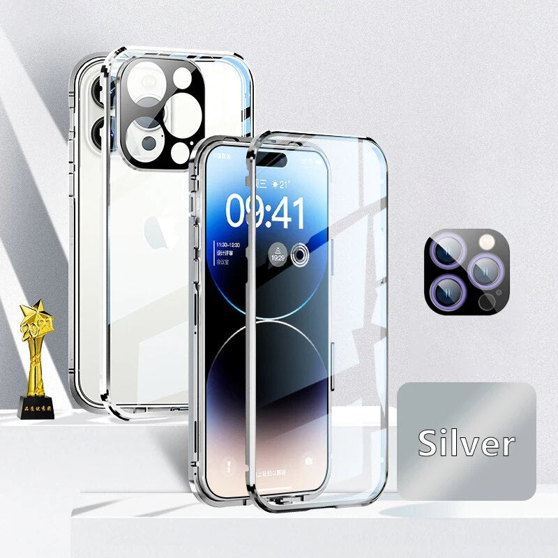 Luxury iPhone Case MagSafe Compatible Double-Sided Tempered Glass Metal Frame Shockproof Protective Cover 360 Full Body Magnetic Fit Camera Lens Protection Slim Design