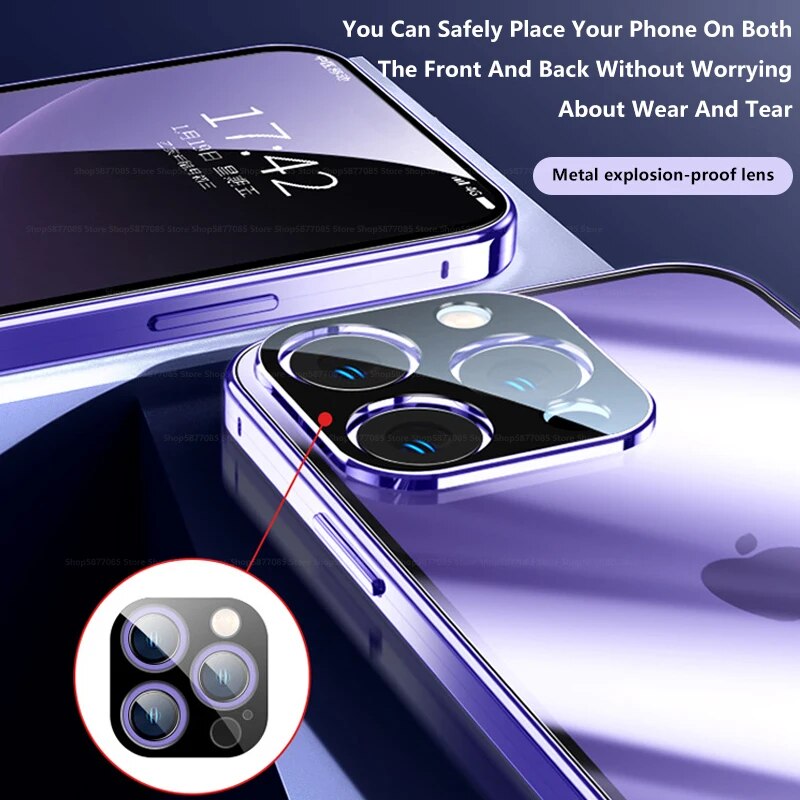 Luxury iPhone Case MagSafe Compatible Double-Sided Tempered Glass Metal Frame Shockproof Protective Cover 360 Full Body Magnetic Fit Camera Lens Protection Slim Design