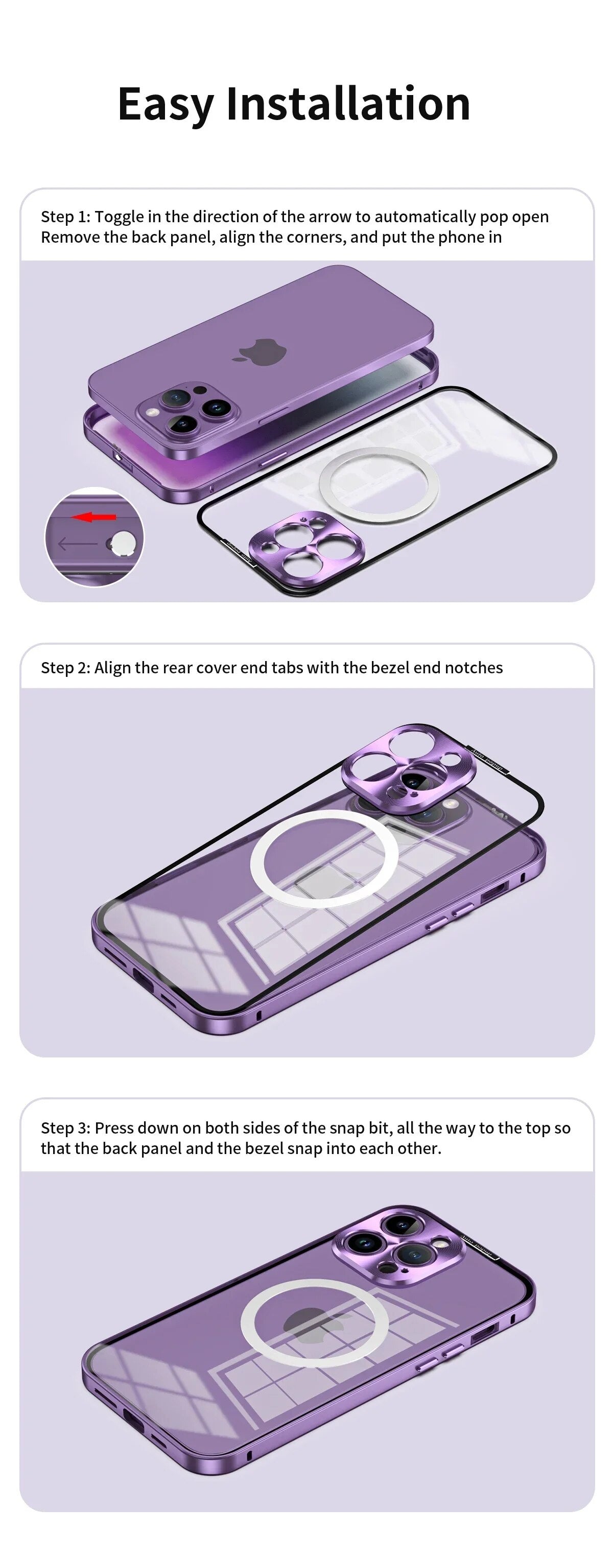 Luxury iPhone Case MagSafe Compatible Double-Sided Tempered Glass Metal Frame Shockproof Protective Cover 360 Full Body Magnetic Fit Camera Lens Protection Ultra Thin