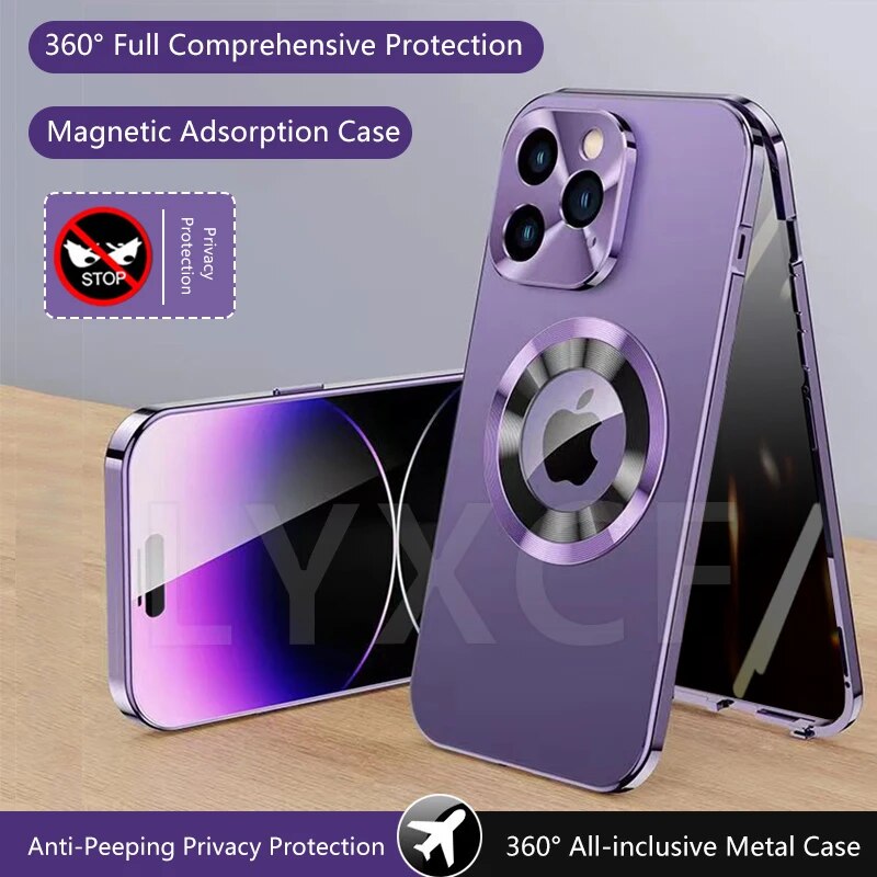 Luxury iPhone Case MagSafe Compatible Double-Sided Tempered Glass Privacy Screen Metal Frame Shockproof Protective Cover 360 Full Body Camera Lens Protection Slim Design