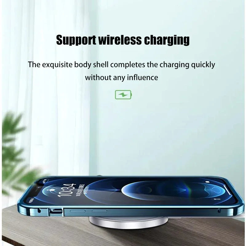 Luxury iPhone Case MagSafe Compatible Double-Sided Tempered Glass Privacy Screen Metal Frame Shockproof Protective Cover 360 Full Body Camera Lens Protection Slim Design