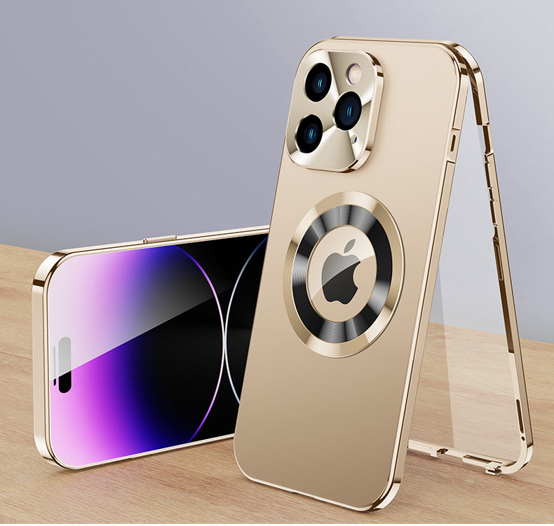 Luxury iPhone Case MagSafe Compatible Double-Sided Tempered Glass Privacy Screen Metal Frame Shockproof Protective Cover 360 Full Body Camera Lens Protection Slim Design