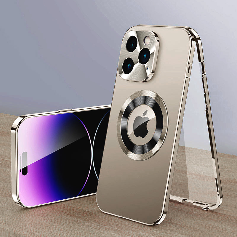 Luxury iPhone Case MagSafe Compatible Double-Sided Tempered Glass Privacy Screen Metal Frame Shockproof Protective Cover 360 Full Body Camera Lens Protection Slim Design