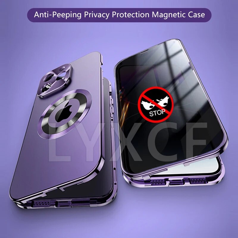 Luxury iPhone Case MagSafe Compatible Double-Sided Tempered Glass Privacy Screen Metal Frame Shockproof Protective Cover 360 Full Body Camera Lens Protection Slim Design
