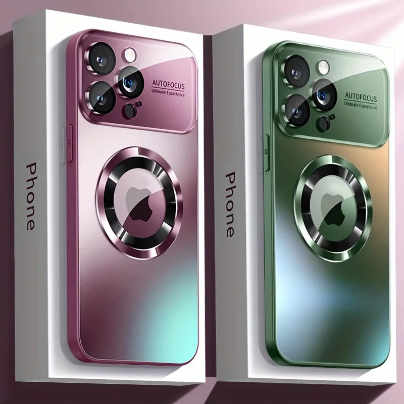 Luxury iPhone Case MagSafe Compatible Electroplated Glass Magnetic Shockproof Cover Camera Lens Protection Slim Reflective Hard Back
