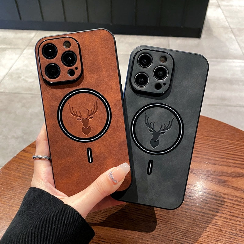 Luxury iPhone Case MagSafe Compatible Genuine Deer Leather Shockproof Protective Cover Bumper Frame Camera Lens Protection Slim Design