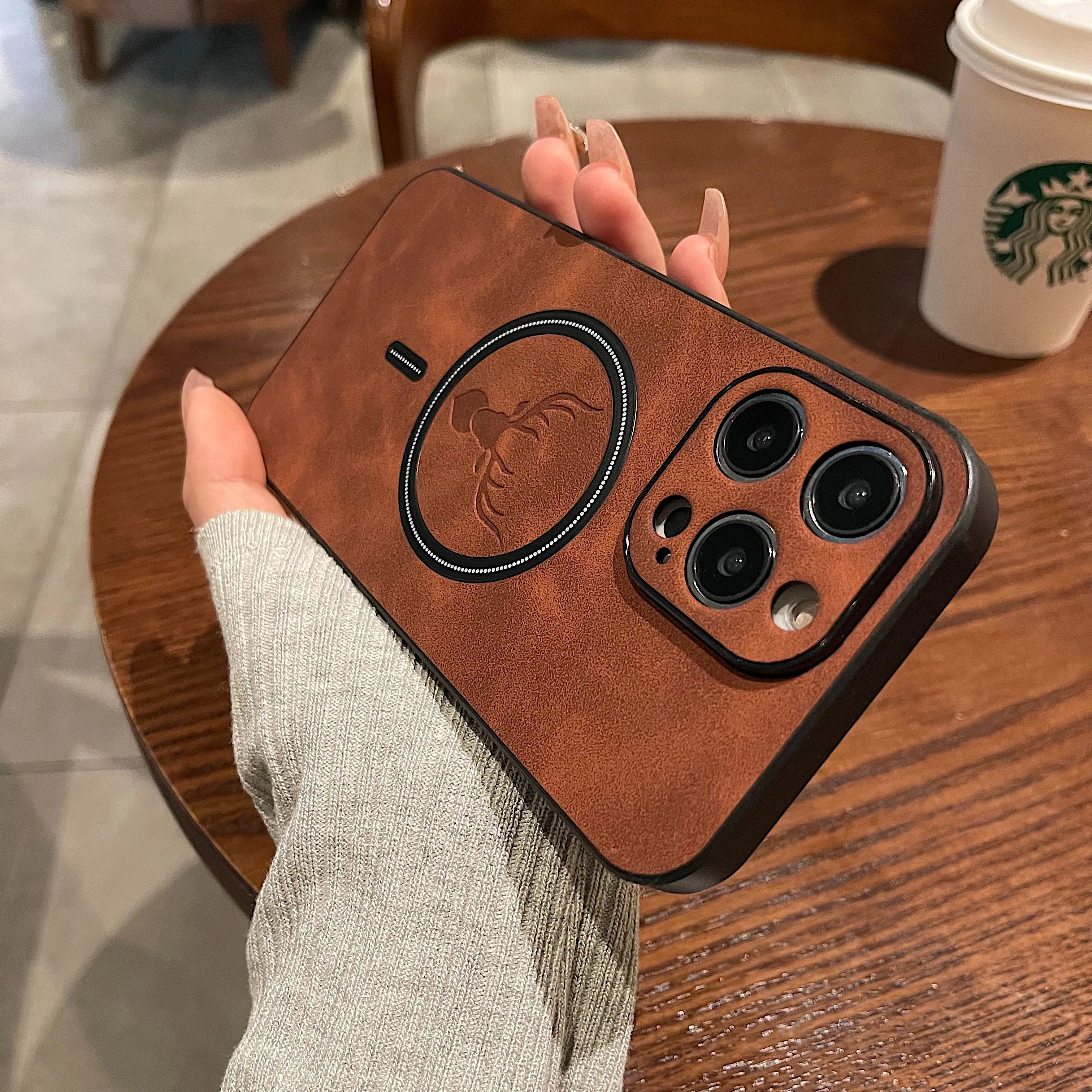 Luxury iPhone Case MagSafe Compatible Genuine Deer Leather Shockproof Protective Cover Bumper Frame Camera Lens Protection Slim Design