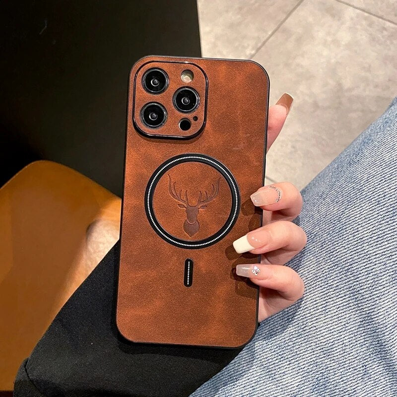 Luxury iPhone Case MagSafe Compatible Genuine Deer Leather Shockproof Protective Cover Bumper Frame Camera Lens Protection Slim Design