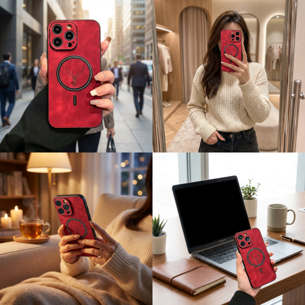 Luxury iPhone Case MagSafe Compatible Genuine Deer Leather Shockproof Protective Cover Bumper Frame Camera Lens Protection Slim Design