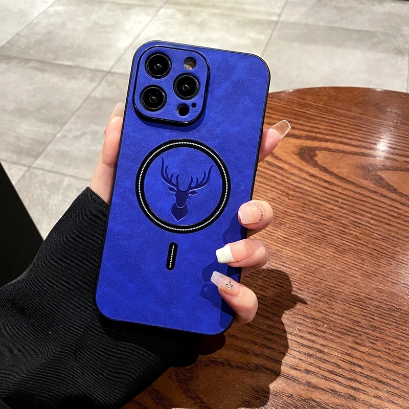 Luxury iPhone Case MagSafe Compatible Genuine Deer Leather Shockproof Protective Cover Bumper Frame Camera Lens Protection Slim Design