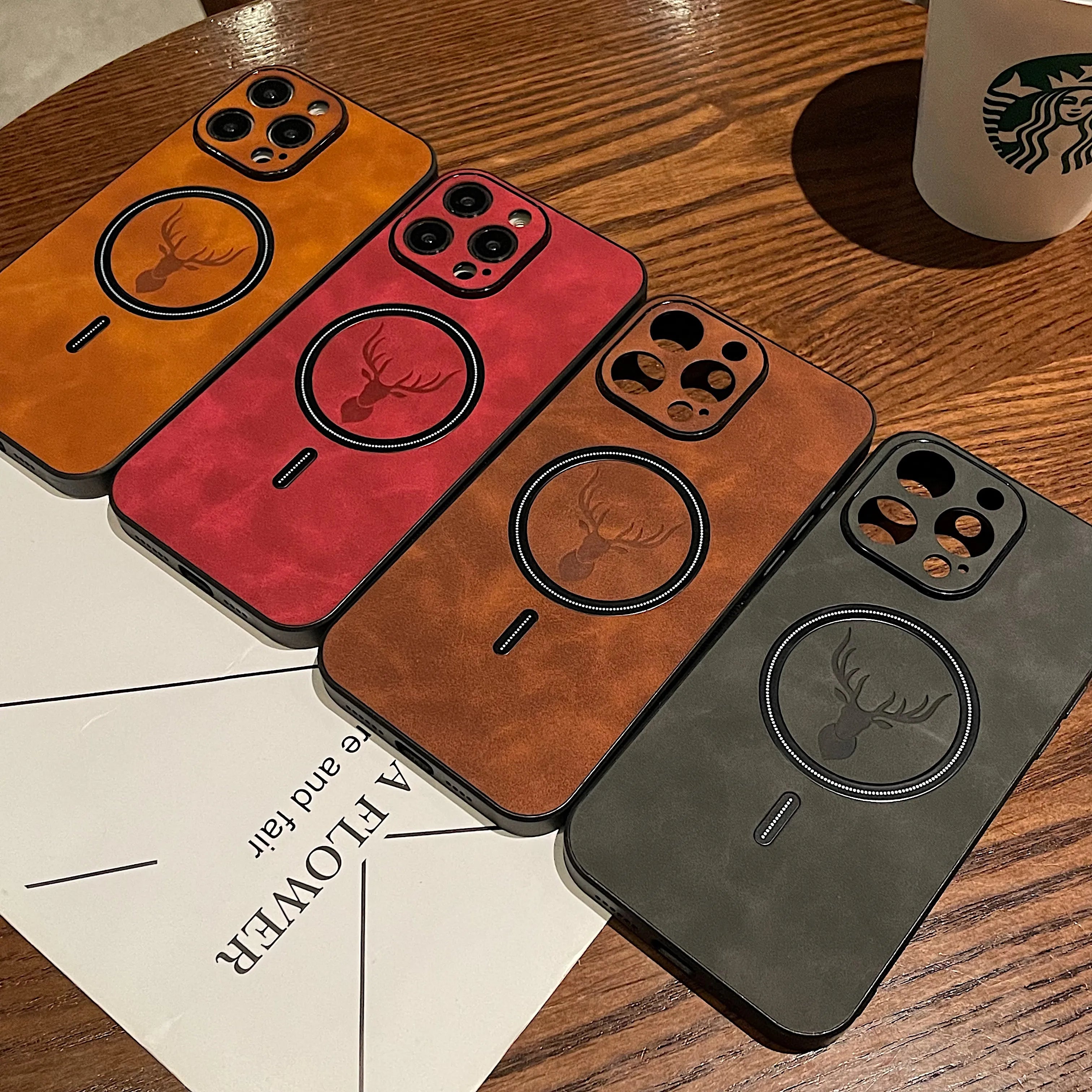 Luxury iPhone Case MagSafe Compatible Genuine Deer Leather Shockproof Protective Cover Bumper Frame Camera Lens Protection Slim Design
