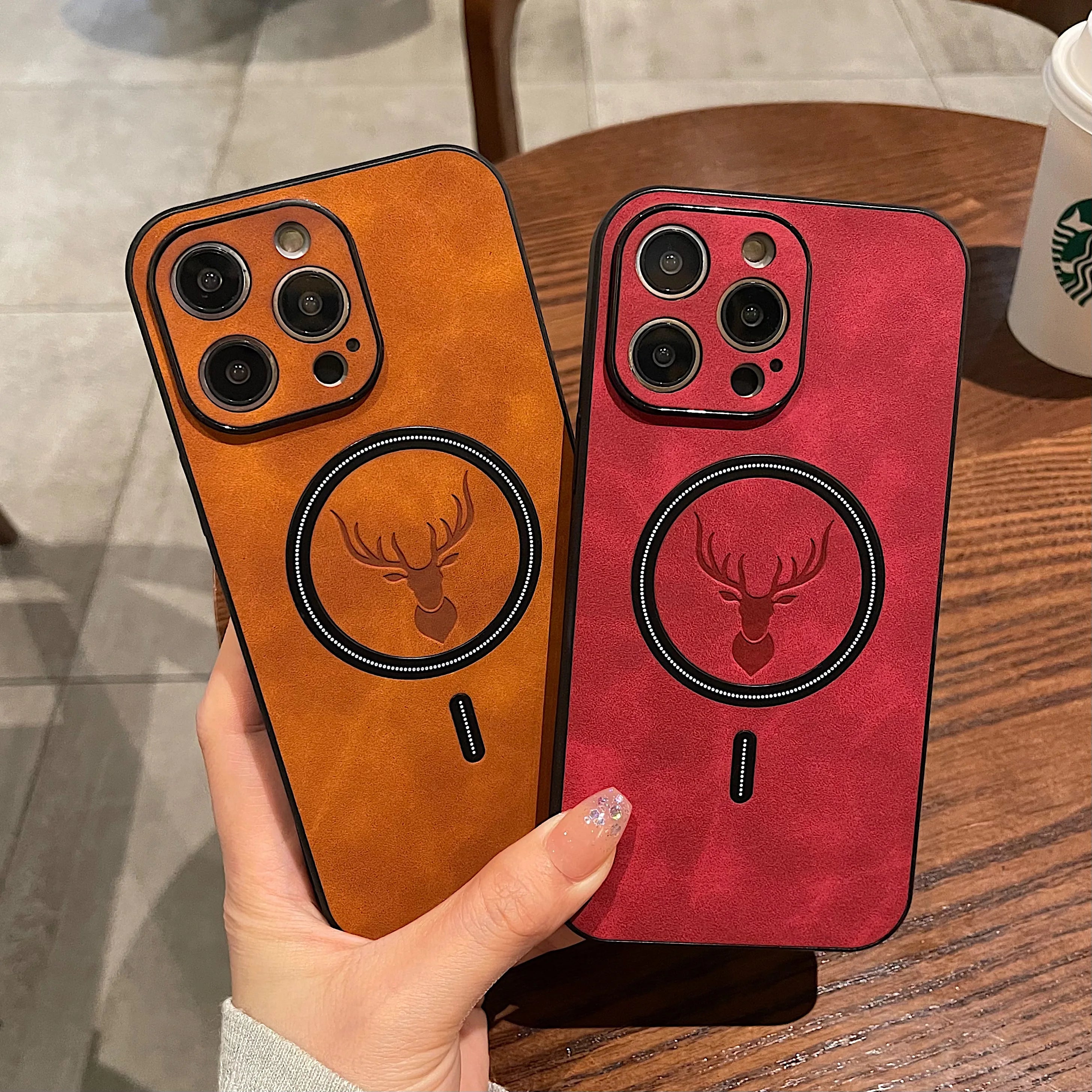 Luxury iPhone Case MagSafe Compatible Genuine Deer Leather Shockproof Protective Cover Bumper Frame Camera Lens Protection Slim Design