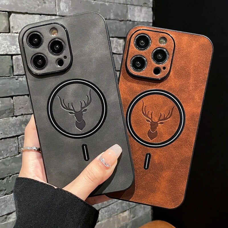 Luxury iPhone Case MagSafe Compatible Genuine Deer Leather Shockproof Protective Cover Bumper Frame Camera Lens Protection Slim Design