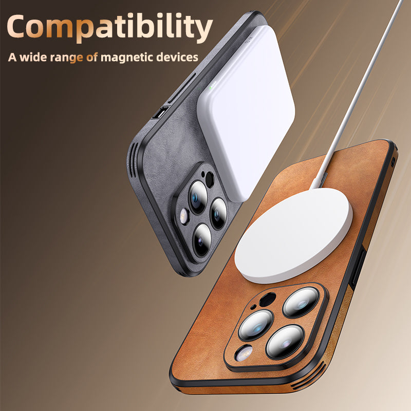 Luxury iPhone Case MagSafe Compatible Genuine Leather Shockproof Protective Cover Camera Lens Protection Magnetic Slim Design