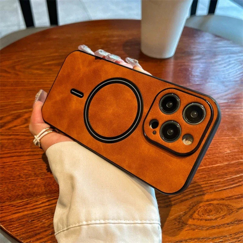 Luxury iPhone Case MagSafe Compatible Genuine Leather Shockproof Protective Cover Camera Lens Protection Magnetic Slim Design