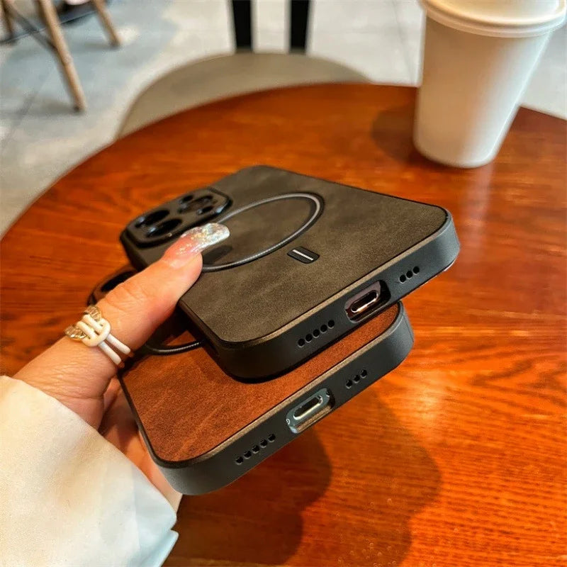 Luxury iPhone Case MagSafe Compatible Genuine Leather Shockproof Protective Cover Camera Lens Protection Magnetic Slim Design