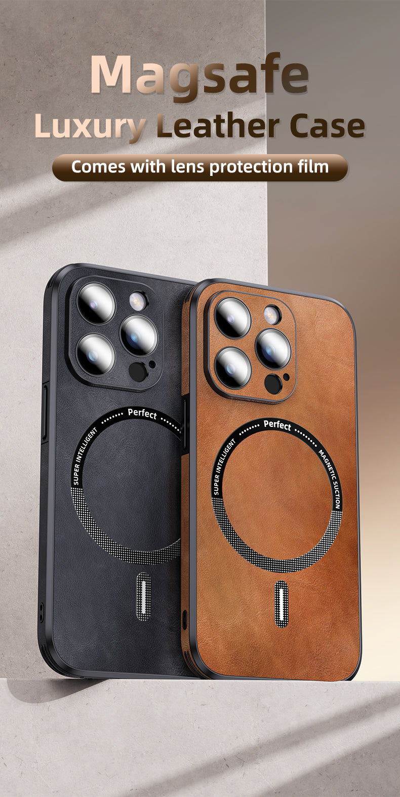Luxury iPhone Case MagSafe Compatible Genuine Leather Shockproof Protective Cover Camera Lens Protection Magnetic Slim Design