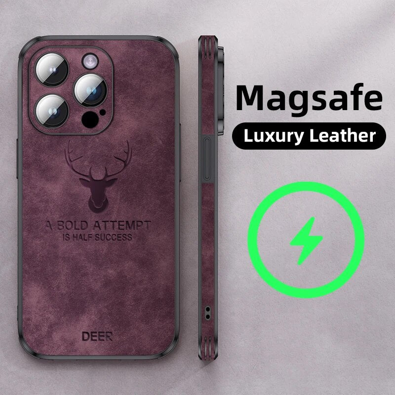 Luxury iPhone Case MagSafe Compatible Genuine Leather Vintage Texture Shockproof Protective Cover Camera Lens Protection Slim Design