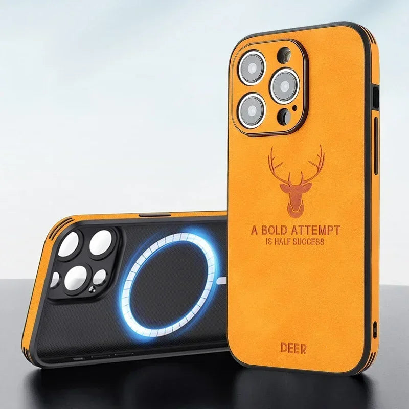 Luxury iPhone Case MagSafe Compatible Genuine Leather Vintage Texture Shockproof Protective Cover Camera Lens Protection Slim Design