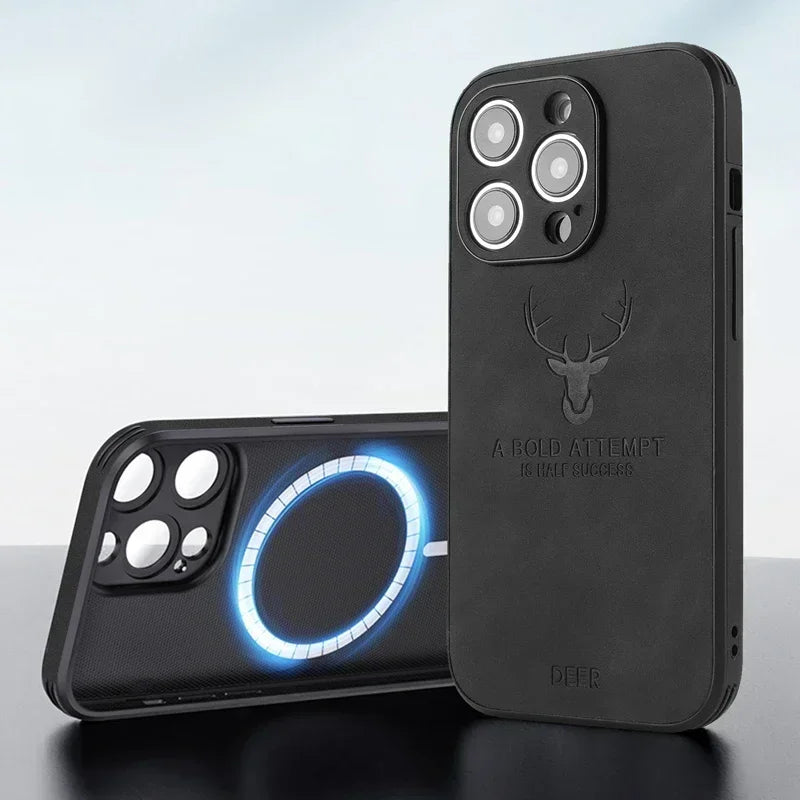 Luxury iPhone Case MagSafe Compatible Genuine Leather Vintage Texture Shockproof Protective Cover Camera Lens Protection Slim Design