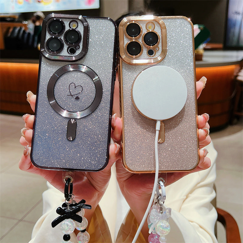Luxury iPhone Case MagSafe Compatible Gradient Glitter Crossbody Strap Shockproof TPU Protective Cover Camera Lens Protection Slim Design
