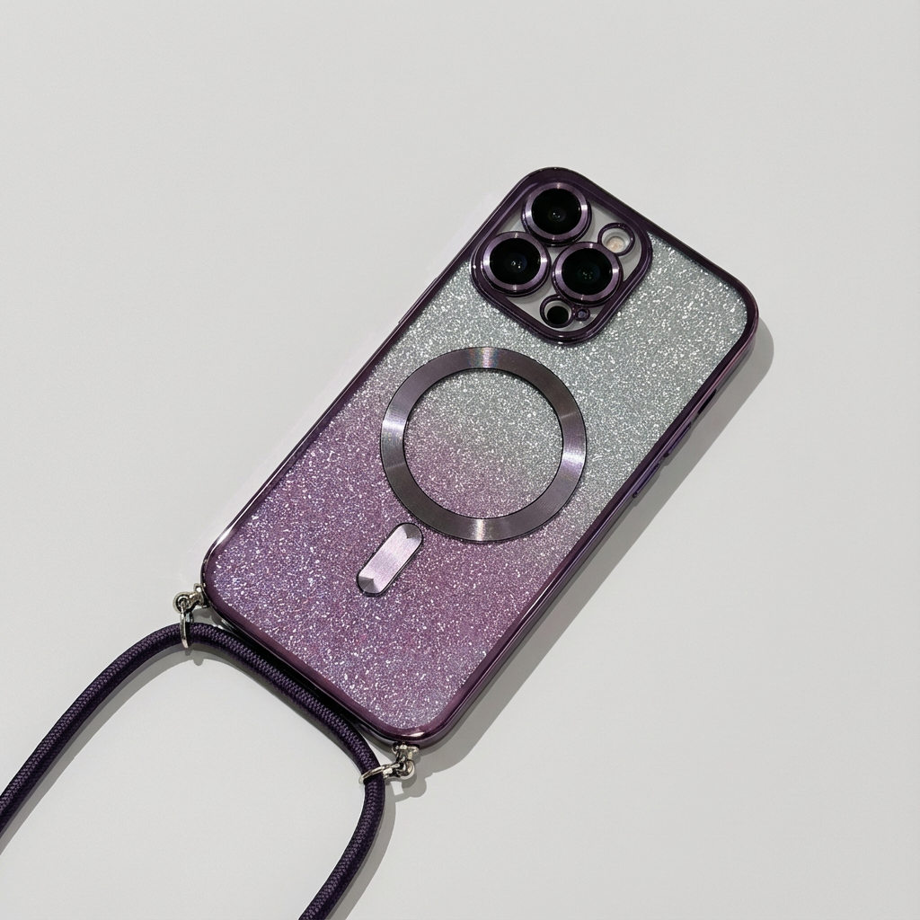 Luxury iPhone Case MagSafe Compatible Gradient Glitter Crossbody Strap Shockproof TPU Protective Cover Camera Lens Protection Slim Design
