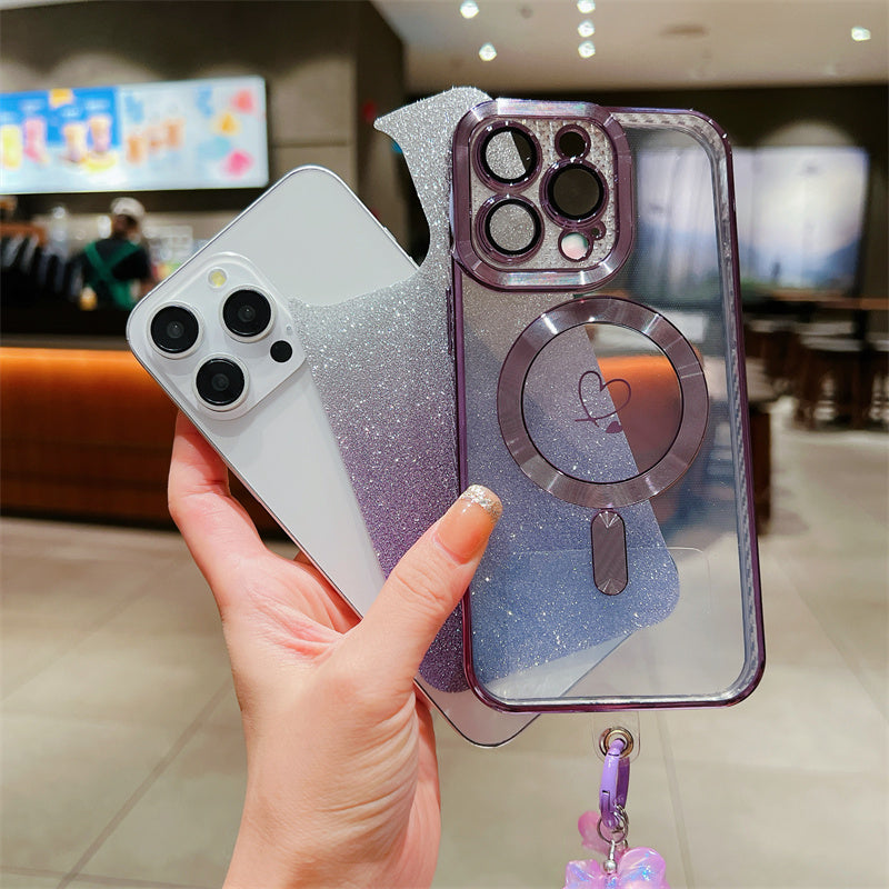 Luxury iPhone Case MagSafe Compatible Gradient Glitter Crossbody Strap Shockproof TPU Protective Cover Camera Lens Protection Slim Design