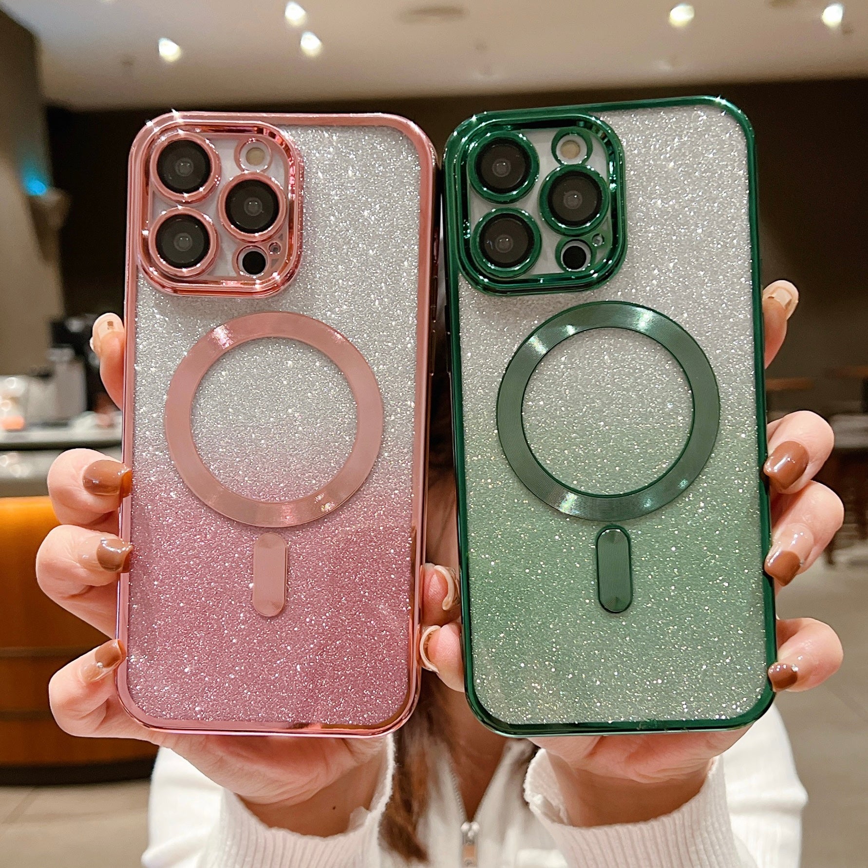 Luxury iPhone Case MagSafe Compatible Gradient Glitter Crossbody Strap Shockproof TPU Protective Cover Camera Lens Protection Slim Design