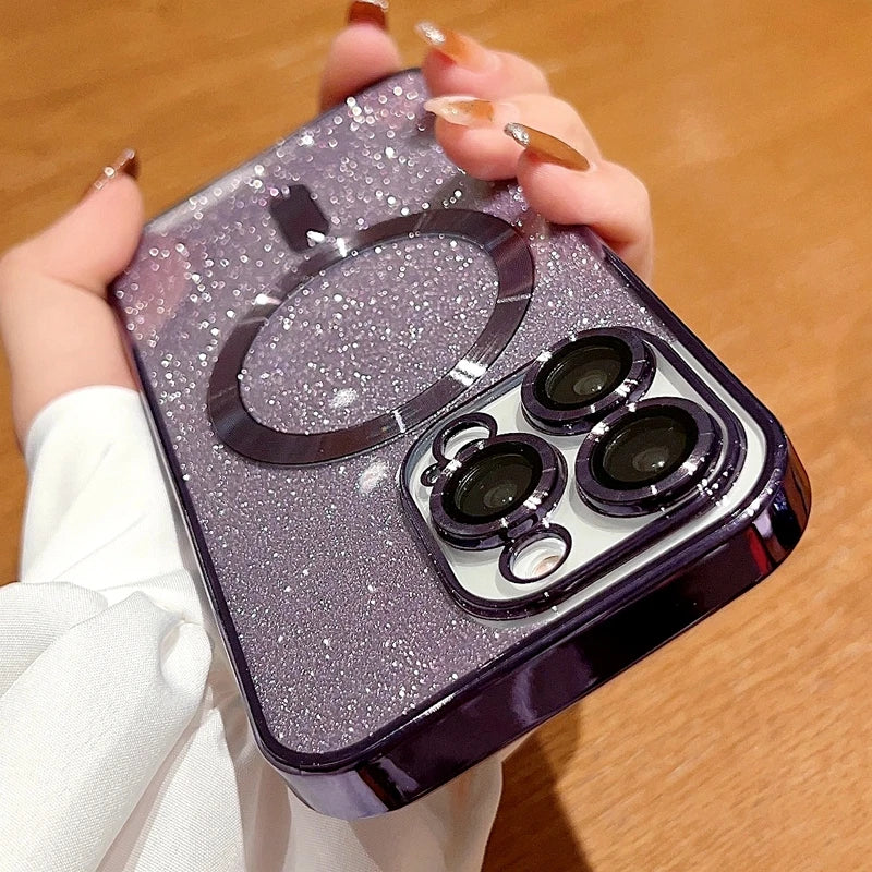 Luxury iPhone Case MagSafe Compatible Gradient Glitter Crossbody Strap Shockproof TPU Protective Cover Camera Lens Protection Slim Design