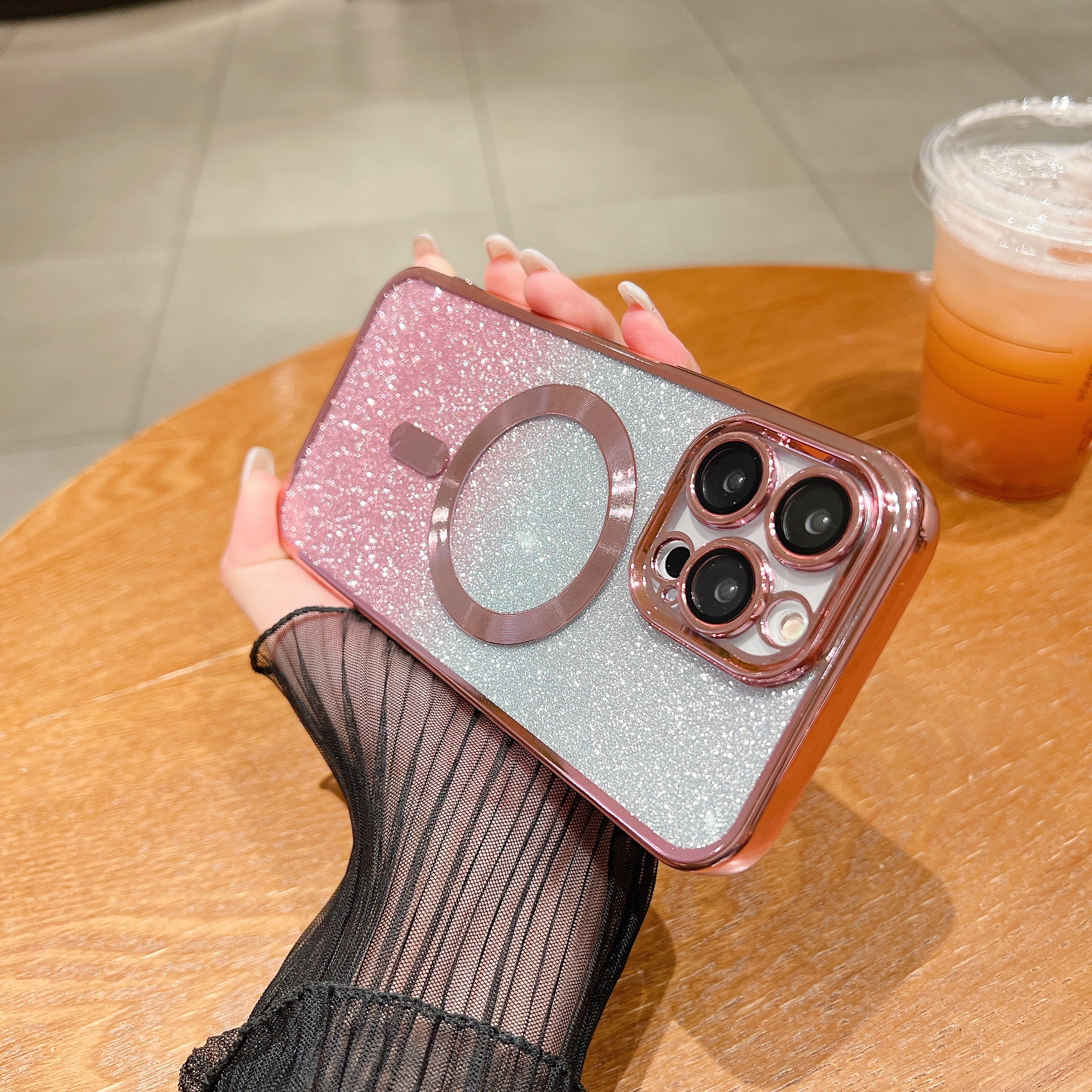 Luxury iPhone Case MagSafe Compatible Gradient Glitter Crossbody Strap Shockproof TPU Protective Cover Camera Lens Protection Slim Design