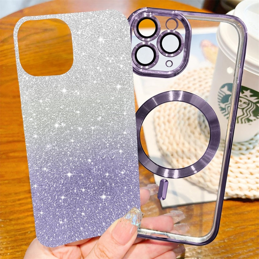 Luxury iPhone Case MagSafe Compatible Gradient Glitter Crossbody Strap Shockproof TPU Protective Cover Camera Lens Protection Slim Design