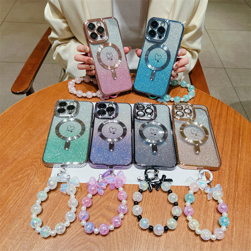 Luxury iPhone Case MagSafe Compatible Gradient Glitter Crossbody Strap Shockproof TPU Protective Cover Camera Lens Protection Slim Design