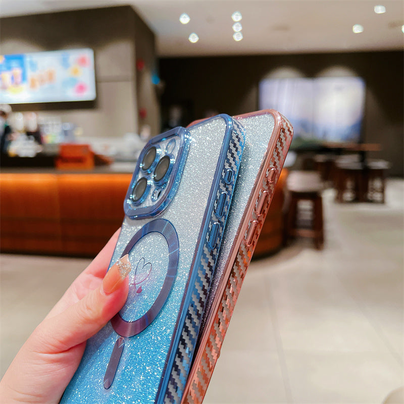 Luxury iPhone Case MagSafe Compatible Gradient Glitter Crossbody Strap Shockproof TPU Protective Cover Camera Lens Protection Slim Design