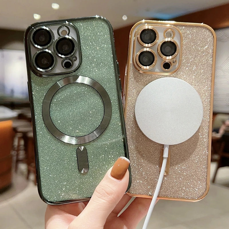 Luxury iPhone Case MagSafe Compatible Gradient Glitter Crossbody Strap Shockproof TPU Protective Cover Camera Lens Protection Slim Design